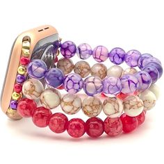 Custom handmade beaded watch band compatible with Apple Watch. Watch band made with Purple and Red Dragon Veined Stone Agate, and White Gold Veined Howlite beads. Please use the drop-down to select your connector and wrist size. I can also make one custom to your wrist measurement if you include your wrist size in your order (example in last photo). I have many different colors/styles/materials of beads. If you are looking for a specific color please send me a message and I may have it! These ar Adjustable Round Bracelet Strap Watch Bands, Adjustable Multicolor Watch Bands As Gift, Adjustable Apple Watch Band With Extender As Gift, White Beaded Apple Watch Band As Gift, Adjustable Multicolor Apple Watch Band As A Gift, Adjustable Multicolor Watch Band As Gift, White Beaded Apple Watch Band For Gift, White Beaded Apple Watch Band Gift, Adjustable Beaded Watch Bands For Gift