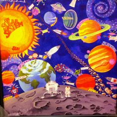 a painting of the solar system with astronauts and other objects around it, including an astronaut's vehicle