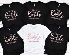 the bride and groom t - shirts are shown in black, white, and pink