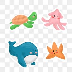 four cartoon sea animals with different colors and shapes, including an octopus, turtle, starfish