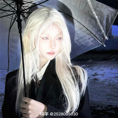 a woman with long white hair holding an umbrella