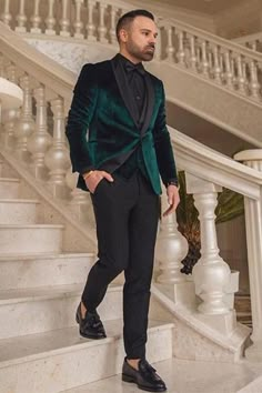 Dark Green Velvet Three Pieces Fashion Shawl Lapel Wedding Groom Suits | Allaboutsuit Wedding Groom Suit, Suit For Prom, Lapel Wedding, Wedding Suit Styles, Groom Suits, Suit Man