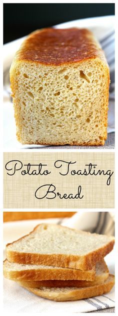 two pictures showing different types of breads and the words potato toasting bread on them