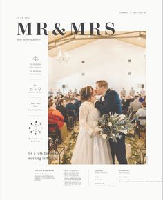 the front page of mr and mrs magazine, with an image of a bride and groom kissing