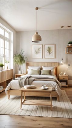 a bed room with a neatly made bed and two planters on the side tables