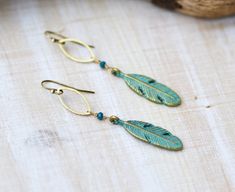 Brass feather earrings with beads, long bohemian dangles, green patina Green Bohemian Earrings With Patina, Green Patina Bohemian Earrings, Green Bohemian Patina Earrings, Bohemian Green Patina Earrings, Green Bohemian Earrings With Feathers, Green Bohemian Feather Earrings, Bohemian Green Feather Earrings, Earrings With Beads, Jewerly Making