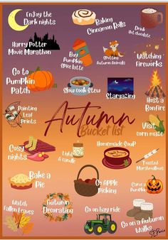 an autumn bucket list with pumpkins, pies and other things to eat on it