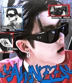 a man wearing sunglasses with multiple pictures on it's face and in the background