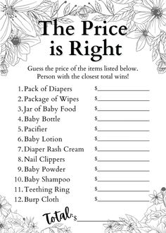 the price is right printable baby shower game with black and white flowers on it