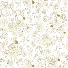 a white background with gold flowers and leaves