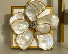 a white flower with gold trim is on a shelf