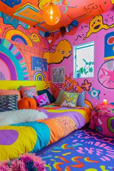 a brightly colored bedroom with lots of pillows and blankets on the bedspreads