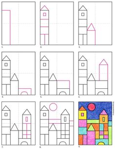 how to draw a house with different shapes and colors for children's art projects