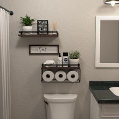 a white toilet sitting next to a bathroom sink under a mirror above a wooden shelf