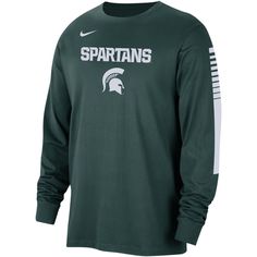 The Men's Nike Green Michigan State Spartans Slam Dunk Long Sleeve T-shirt is the perfect way to show your support for the Spartans. With screen-printed graphics and a loose fit, this shirt is both comfortable and stylish. Made from 100% cotton, this shirt is sure to keep you cool and comfortable all game long. Whether you're cheering on the Spartans at the game or just relaxing at home, this shirt is a must-have for any fan. The Michigan State Spartans are one of the most successful college bas Nike Long Sleeve Fan Gear Top, Nike Long Sleeve Tops Team Spirit, Nike Long Sleeve Tops With Team Spirit, Nike Long Sleeve Tops For Team Spirit, Nike Crew Neck Tops For College, Nike Long Sleeve Tops For Sports Events, Long Sleeve Moisture-wicking T-shirt For Sports, Sporty Green Tops For Fan Gear, Long Sleeve Sports T-shirt With Screen Print