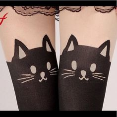 Cat Leggings Catoon Sexy Sheer Pantyhose Stockings. Cute Black Bottoms For Party, Lace Up T Shirt, Cat Leggings, Cat Tail, Bunny Print, Black Pantyhose, Black Socks, Thigh High Stockings, Ladies Tee Shirts