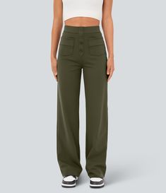 Women’s High Waisted Button Multiple Pockets Straight Leg Casual Pants - Halara Leisure Full-length Pants With Pockets, Fitted High-waisted Wide Leg Pants With Cargo Pockets, Halara Corduroy Pants, Wide-leg Slim-fit Pants With Pockets, Versatile High-waisted Sweatpants With Pockets, High Waisted Straight Leg Pants, Bleach Wash, Casual Trousers, Tennis Skirt