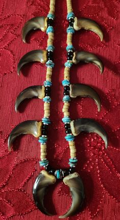 Authentic Native American made necklace. Made with silver, turquoise, bone, and horn. Native American Necklace Pueblo Direct, Vintage Native American Necklace, Old Pawn Native American Jewelry, Bear Claw Necklace, Bone Bead Necklace, Claw Necklace, Native American Necklace, American Indian Jewelry, Necklace Patterns