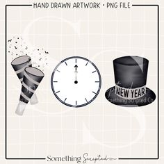 a clock, top hat and new year's eve banner with the words hand drawn artwork - png file