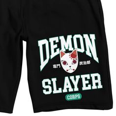 Celebrate your favorite anime series in comfort with these Demon Slayer sleep pajama shorts. The shorts feature an image of Tanjiro's fox-shaped warding mask between white letters that spell out, "Demon Slayer." The shorts come in black with an elastic waistband. Demon Slayer fans will love these comfy sleep pajama shorts. Casual Halloween Costume Sleepwear, Black Shorts For Halloween Streetwear, Cotton Shorts With Character Print, Cotton Character Print Shorts, Black Cotton Halloween Shorts, Black Bottoms With Character Print For Streetwear, Fox Mask, Sleeping Through The Night, Masked Man