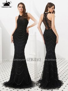 Black Embellished Mermaid Dress For Formal Occasions, Black Embellished Mermaid Dress For Wedding, Formal Black Embellished Mermaid Dress, Black Embellished Floor-length Mermaid Dress, Fitted Black Embellished Mermaid Dress, Elegant Black Embellished Mermaid Dress, Black Floor-length Evening Dress With Back Zipper, Black Mermaid Hem Gown For Banquet, Beaded Fitted Evening Gown