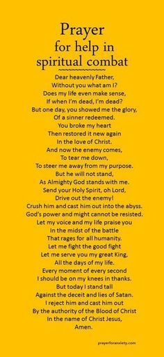 a yellow background with the words prayer for help in spiritual combat, and an image of a