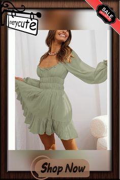 Pea Green Square Neck Pleated Chiffon Mini Dress Summer Chiffon Long Sleeve Dress With Ruffles, Summer Chiffon Dress With Ruffles And Long Sleeves, Casual Summer Chiffon Dress With Ruffle Hem, Casual Chiffon Dress With Ruffle Hem For Summer, Long Sleeve Chiffon Dress With Ruffles For Summer, Green Long Sleeve Casual Chiffon Dress, Casual Chiffon Dress With Ruffle Hem, Green Long Sleeve Chiffon Dress Casual, Casual Chiffon Dress With Ruffle Hem For Spring