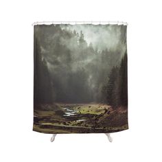 a forest scene with fog and water shower curtain