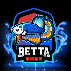 the betta fish logo is shown on a dark background with blue and red colors