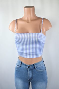 Blue Square Neck Crop Top For Summer, Blue Square Neck Crop Top For Spring, Fitted Gingham Crop Top For Summer, Summer Plaid Cropped Top, Fitted Plaid Crop Top For Summer, Blue Fitted Crop Top With Square Neck, Fitted Blue Crop Top With Square Neck, Blue Square Neck Crop Top, Fitted Blue Square Neck Crop Top