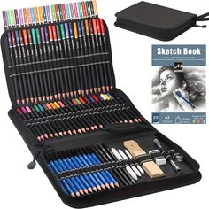 a black case filled with lots of colored pencils