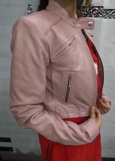 Pink Leather Jacket With Zipper For Fall, Pink Leather Jacket With Zipper Closure For Fall, Pink Fitted Long Sleeve Biker Jacket, Fitted Pink Leather Jacket For Winter, Pink Leather Jacket With Zipper Closure And Long Sleeves, Trendy Fitted Pink Biker Jacket, Fitted Pink Biker Jacket For Winter, Fitted Pink Outerwear With Zipper Closure, Pink Fitted Biker Outerwear