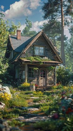 a house in the middle of a forest with lots of trees and flowers around it