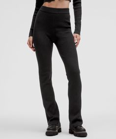 Your Legs Want In On Sweater Weather, Too. Made With Merino Wool-Blend Fabric, These Mini-Flare Pull-On Pants Add Coziness To Your Outfit. Designed For Casual. Full Length Intended To Sit At Ankle:tight Fit That Flares Out Subtlety From The Knee To Hem. | Ribbed Merino Wool-Blend Pant Sporty Full-length Pants With Ribbed Waistband, Straight Leg Pull-on Lounge Pants, Solid Ribbed Full-length Pants, Black Full-length Ribbed Pants, Merino Wool Leggings, Sequin Flare Pants, Lululemon Pants, Wool Pants, Women's Pants