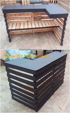 an outdoor bench made out of pallets and wooden slats is shown in two different views