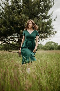 Green V-neck Linen Dress, Green Linen V-neck Dress, Green Linen Dress With Buttons, Elegant Fitted Green Linen Dress, Green Fitted Linen Dress, Green Linen Knee-length Midi Dress, Elegant Green V-neck Linen Dress, Elegant Green Linen V-neck Dress, Green Midi Linen Dress