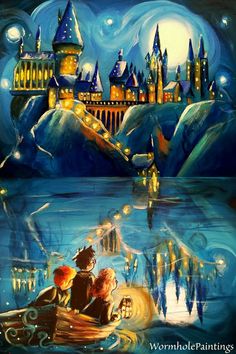 a painting of hogwarts castle with people in a boat on the water at night