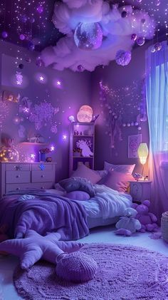 a bedroom with purple walls and stars on the ceiling, lights in the ceiling and fluffy bedding