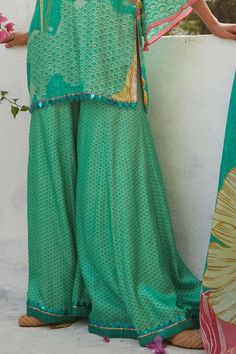 Aqua gajji satin kurta with floral print and sequins embroidery. Comes with sharara and an organza dupatta. - Aza Fashions Satin Kurta, Kurta And Sharara, Basil Leaf, Blue Kurta, Sharara Set, Organza Dupatta, Sequins Embroidery, Set For Women, Aza Fashion