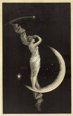 a woman is standing on the moon with her hands behind her head and holding a wand