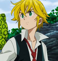 an anime character with blonde hair and green eyes wearing a black vest, white shirt and red tie