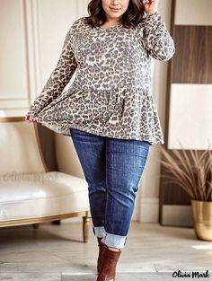 Olivia Mark - Womens Plus Size Casual Peplum Top - Leopard Print, Long Sleeve, Round Neck with Slight Stretch Plus Size Peplum, Long Sleeve Peplum Top, Printed Peplum Top, Top With Long Sleeves, Printed Tunic Tops, Print Tunic, Plus Size Casual, Olivia Mark, Top Casual