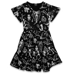 Midnight Mischief Halloween dress Fairy Grunge Halloween Costume Dress, Short Sleeve Halloween Dress, Spooky Halloween Costume Party Dresses, Black Cotton Dress For Costume Party, Fall Graphic Print Cotton Dress, Cotton Short Sleeve Dress For Costume Party, Fitted Gothic Dress With Skull Print, Black Cotton Costume Dress, Black Halloween Dress With Skull Print