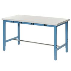 a blue and white table with two drawers on each side, against a white background