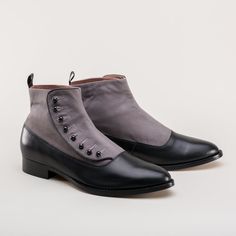 American Duchess: PRE-ORDER Frederick Men's Vintage Button Boots (Grey/Black) 19 Century Fashion Men, Edwardian Shoes, 19th Century Men, 1920s Shoes, American Duchess, Historical Shoes, Victorian Shoes, Victorian Boots, Button Boots