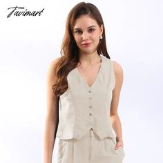 Tavimart Retro Linen Women'S Suits Women 2023 Blue Sleeveless Button Up Vest Tops + Wide Leg Pants Sets 2 Pieces Outfits Ensemble Femme Long Evening Dresses Elegant, 2 Pieces Outfits, Low Waisted Pants, Pieces Outfits, Vest Tops, Women's Suits, Red Vest, Green Vest, Blue Vests