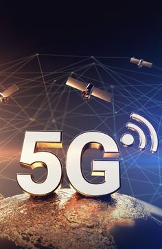 the word 5g is shown in front of an image of satellites flying above it