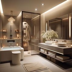 a modern bathroom with candles on the walls and a tub in the middle, along with two sinks