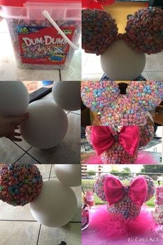 several pictures of mickey mouse ears made out of candy and cereal balls, including one with a pink bow