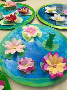 paper plates with water lilies and frog on them